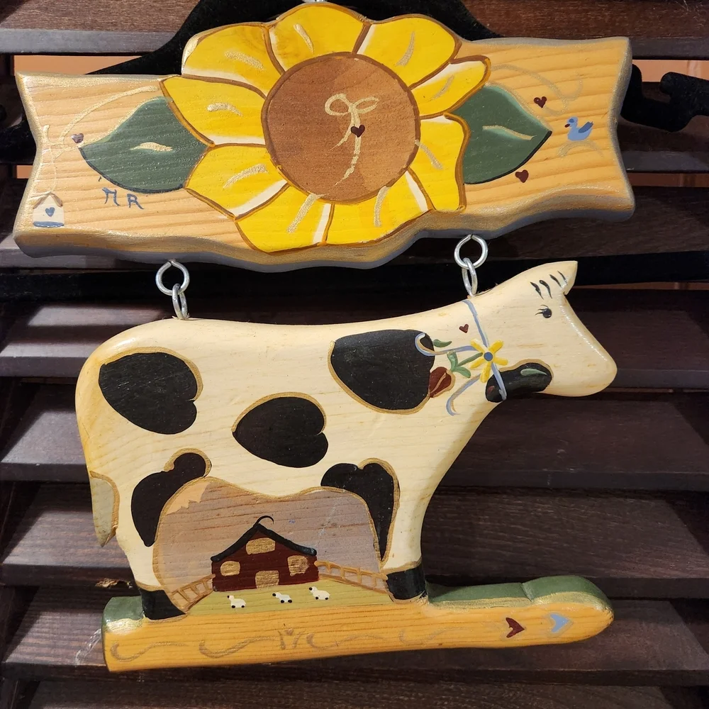 Vintage Sunflower and Cow Wooden Wall Art
